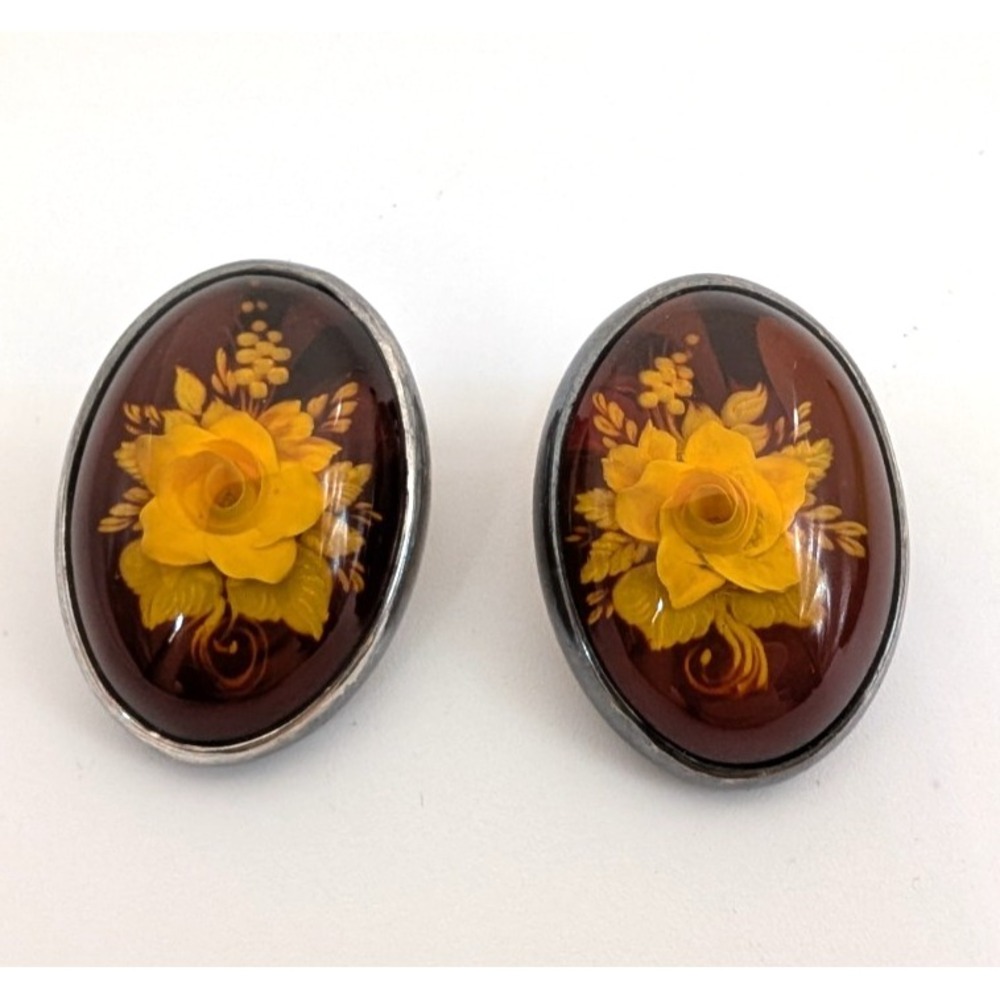 Vintage 925 Sterling Silver Baltic Amber Intaglio Carved Rose Clip On Earrings